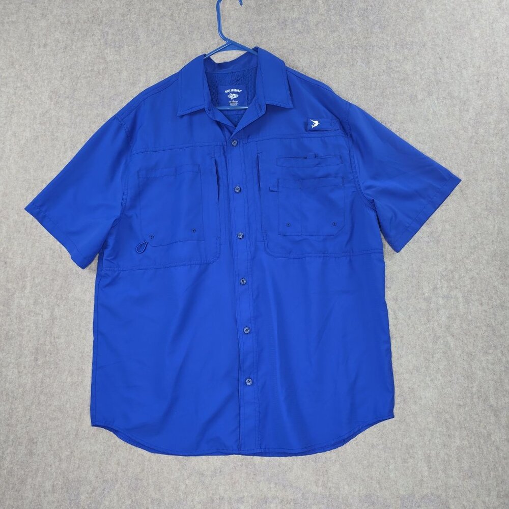 Reel Legends Mens Blue Short Sleeve Button-Up Shirt L